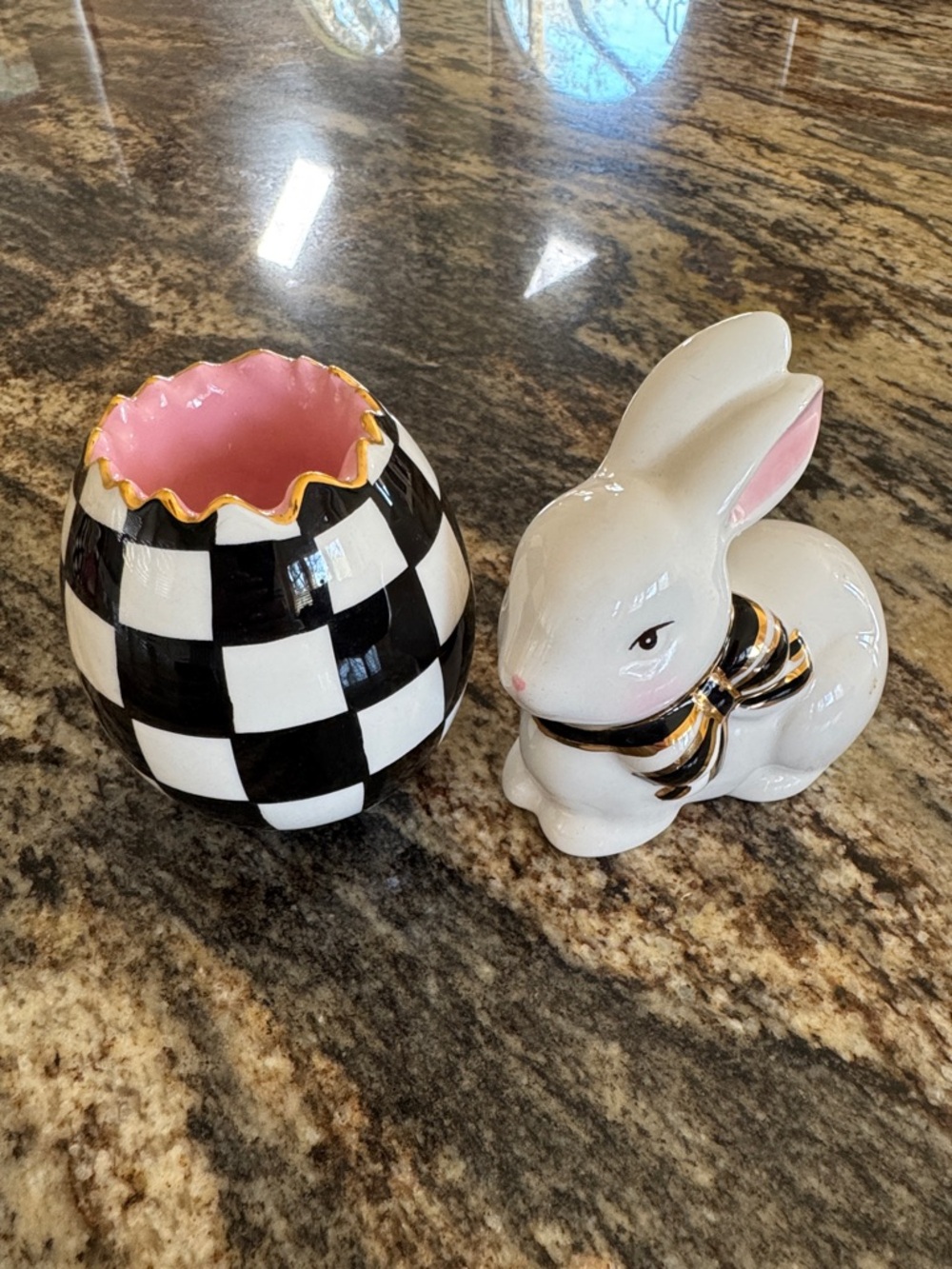 Mackenzie Childs Toothpick Egg with Pink Interior and White Bunny Figurine
